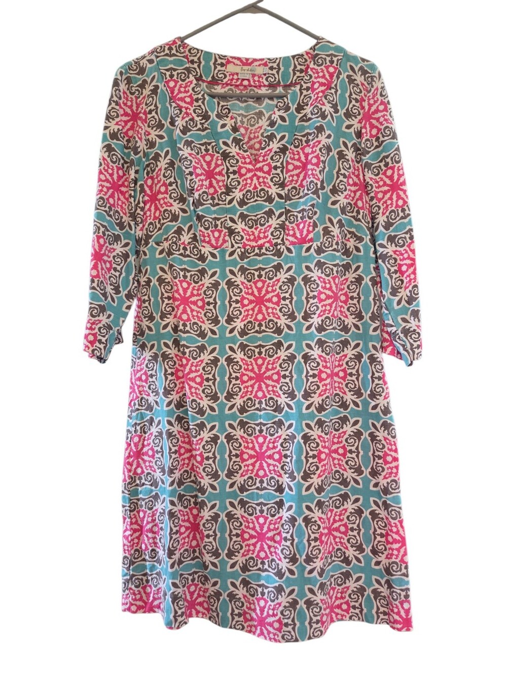 Boden 100% Linen Tunic Dress Size 6L Blue Pink Coastal Beachy Summer